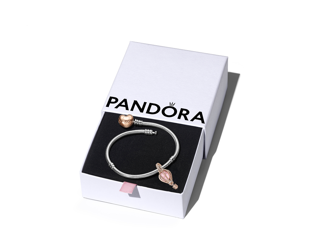 *【PANDORA】心形鏈扣手鏈及粉紅熱氣球串飾套組(18cm)