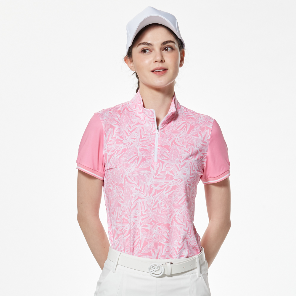 【Lynx Golf】吸排彈性樹葉印花袖口羅紋短袖立領POLO衫(女)-L