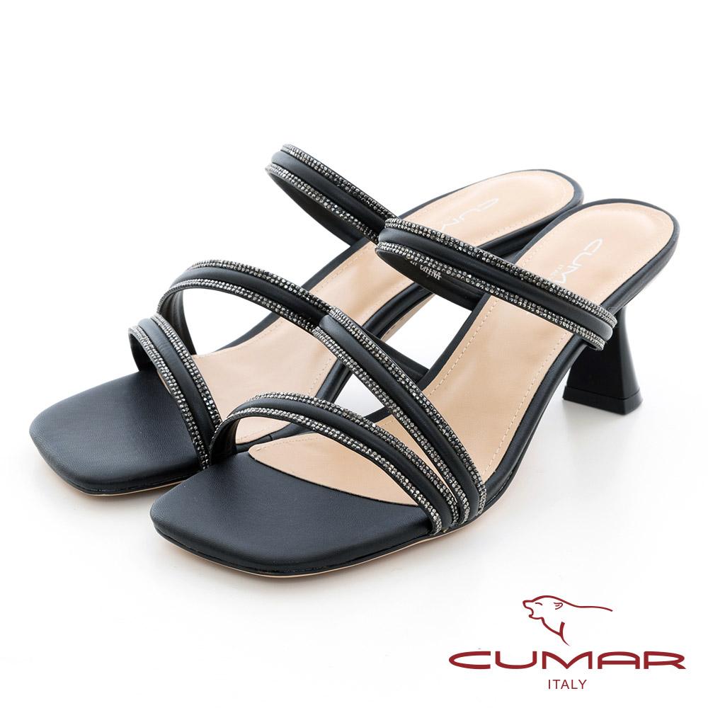 【CUMAR】不對襯排鑽中跟涼拖鞋(黑色)-36