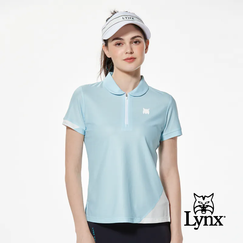 【Lynx】合身版吸排特殊布紋開杈設計小翻領POLO衫-水藍色,M