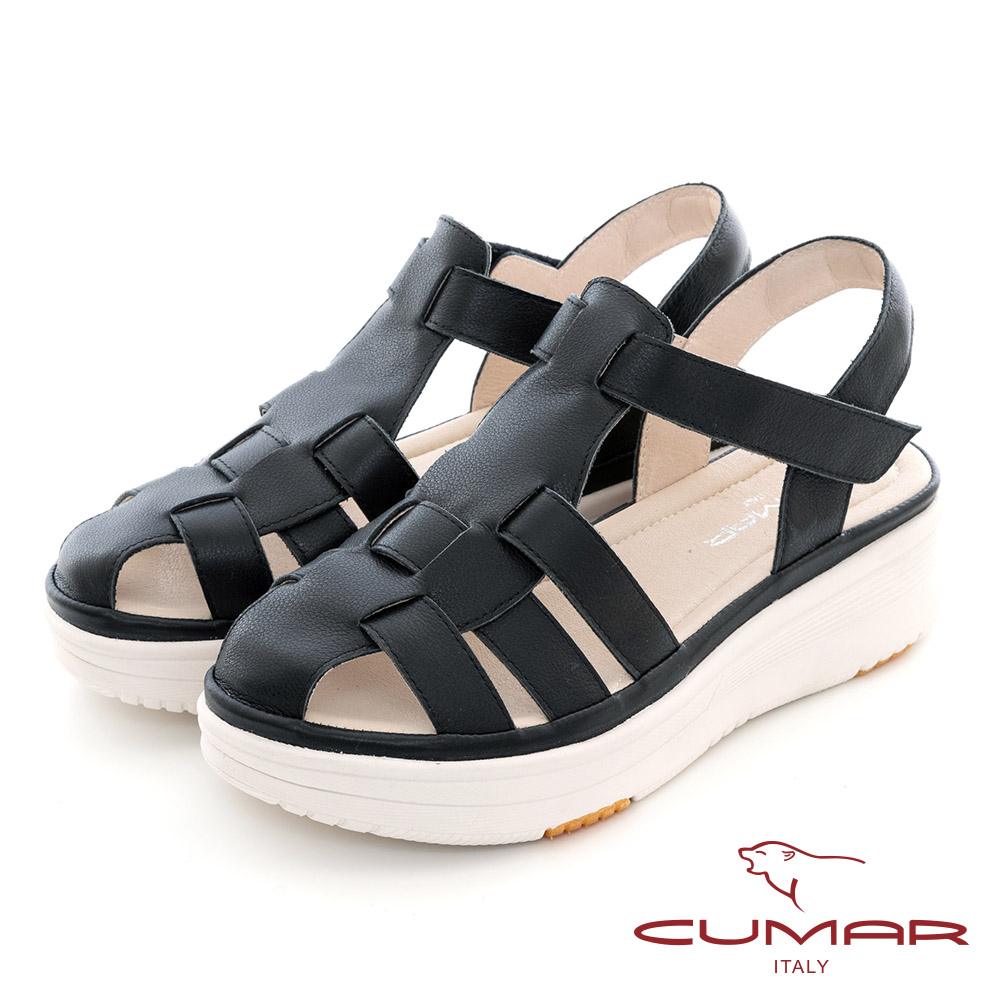 【CUMAR】厚底魚骨鏤空休閒鞋(黑色)-36