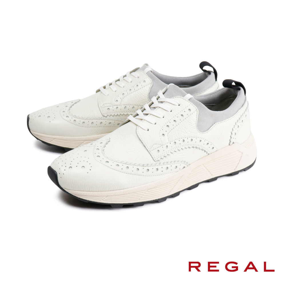 【REGAL】雕花翼紋厚底綁帶休閒鞋 白色-US7(25.5cm)