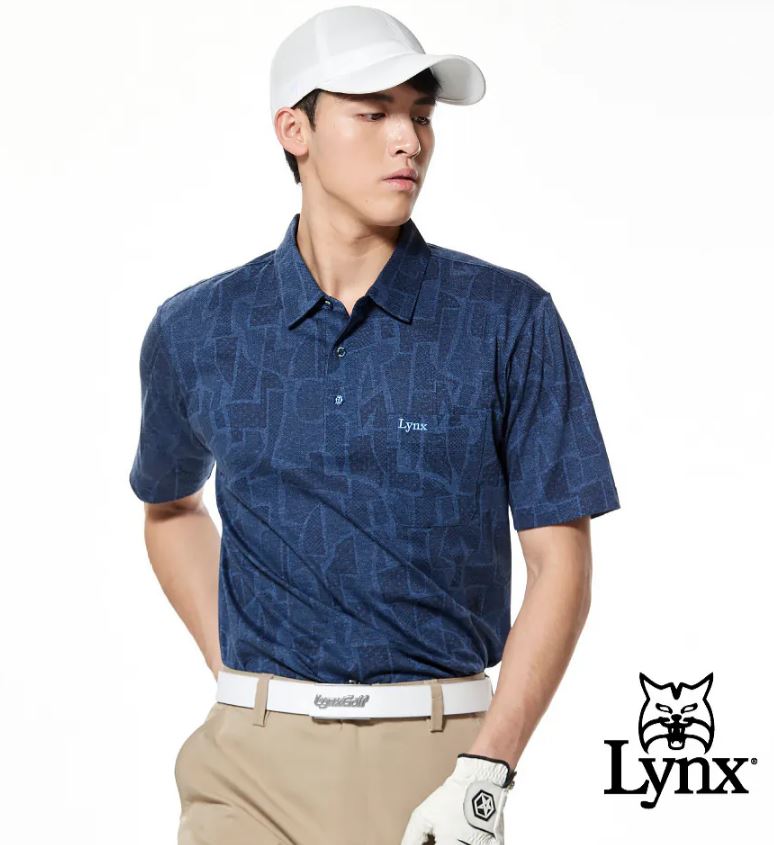 【Lynx】絲光綿緹花拼圖短袖POLO衫-LL
