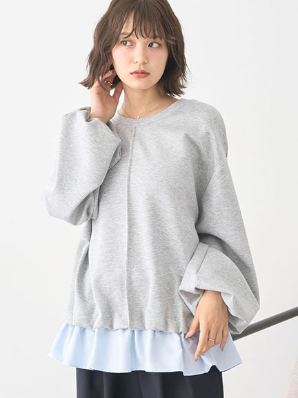 ●(三多)earth music&ecology 假兩件荷葉下擺拼接蓬袖剪裁上衣