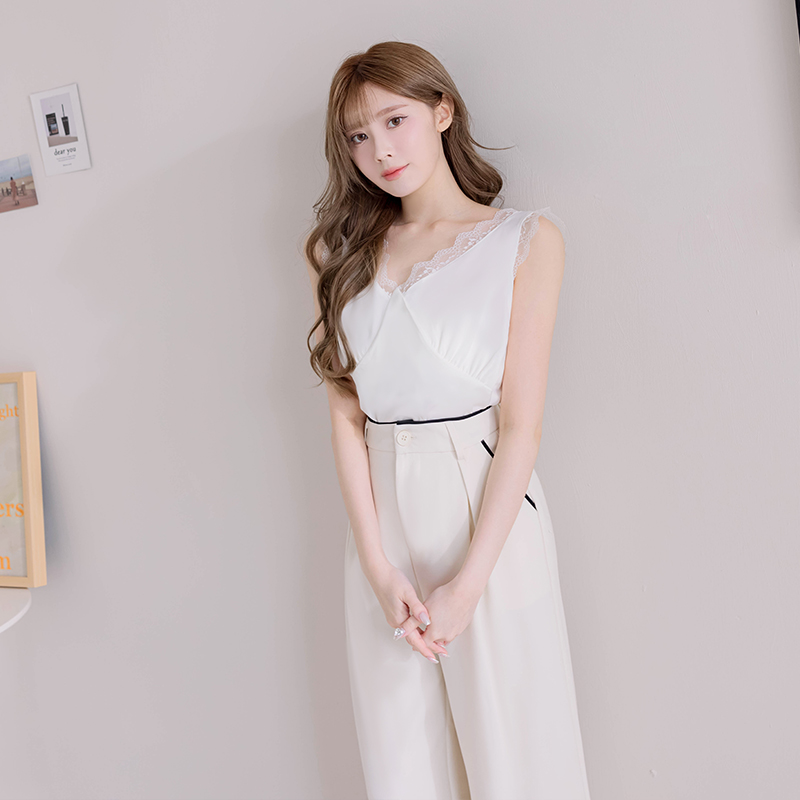 【HOME SHOP】緞面蕾絲造型背心-白色