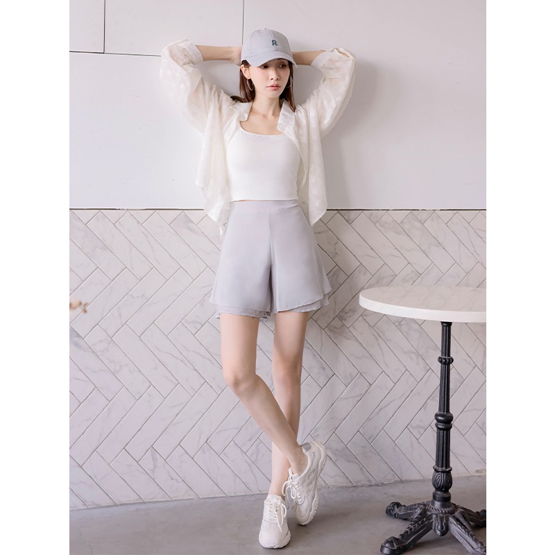 【HOME SHOP】荷葉雪紡層次短褲-灰色,L