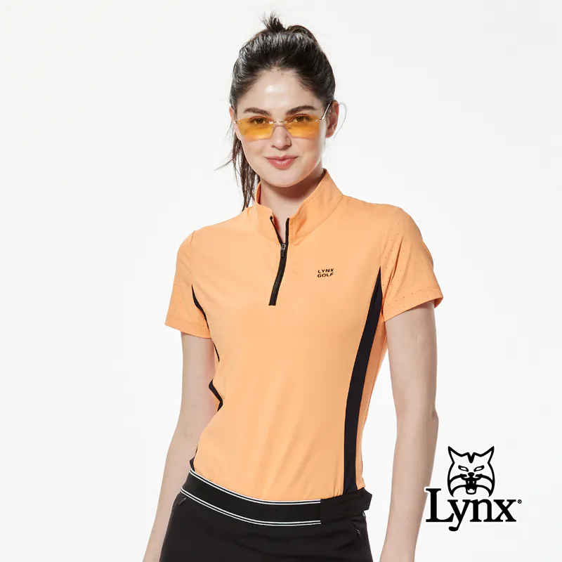 【Lynx】合身版剪接洞洞沖孔布脇邊配色立領POLO衫-橘色,L