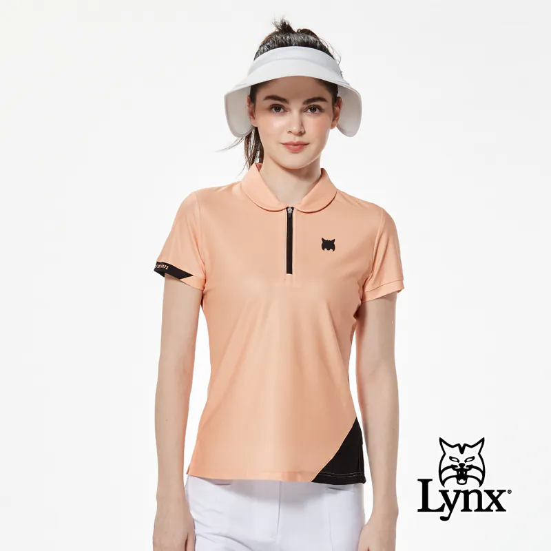 【Lynx】合身版吸排特殊布紋開杈設計小翻領POLO衫-淺橘色,M