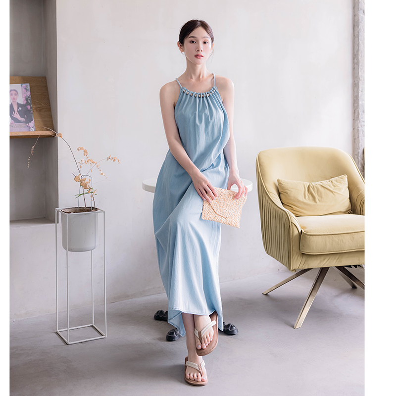 【HOME SHOP】圓飾抽皺細肩長洋裝 淺藍-L