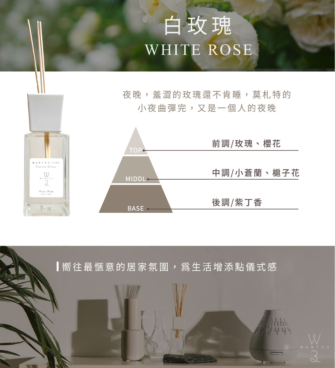 WANTO3-巴黎香頌擴香100ml-白玫瑰