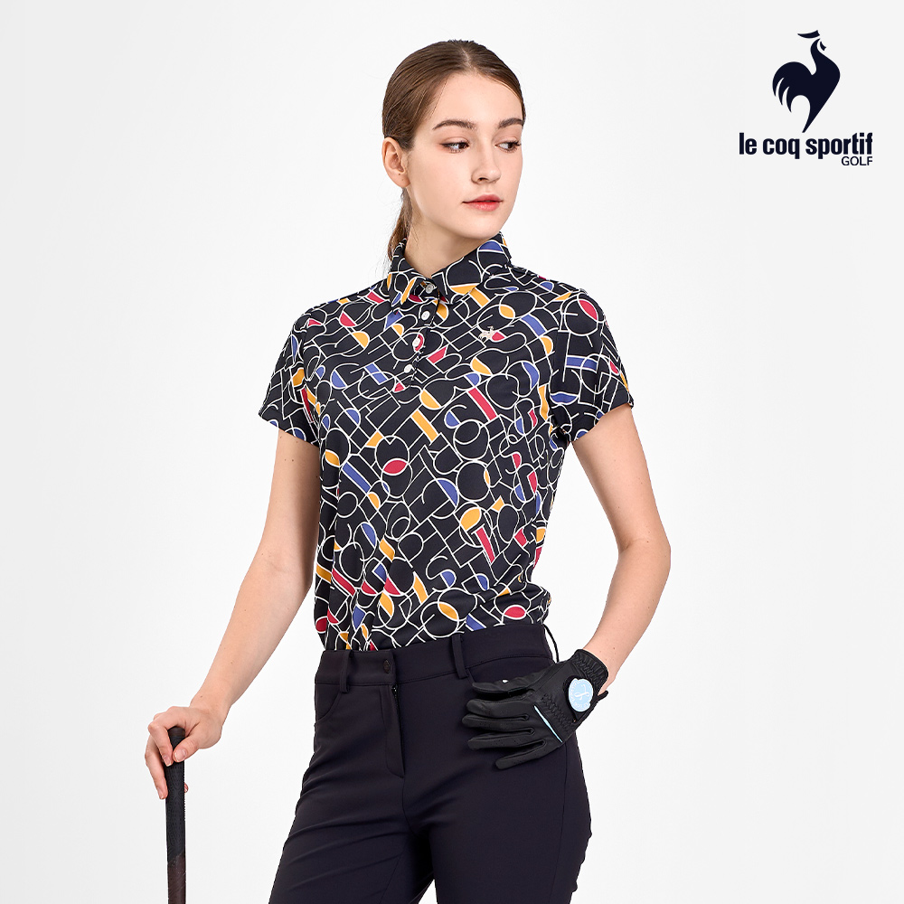 【LE COQ SPORTIF GOLF】黑色抽象藝術短袖POLO衫-M