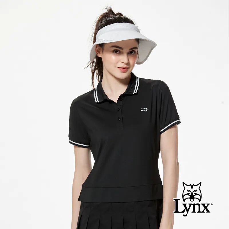 【Lynx】連身洋裝款百摺裙剪接布料羅紋設計POLO衫-黑色,M