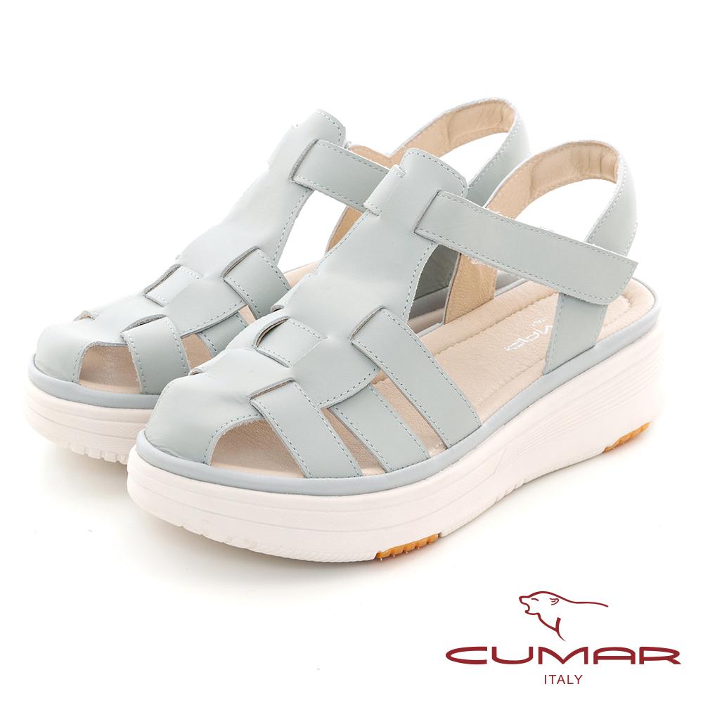 【CUMAR】厚底魚骨鏤空休閒鞋(灰藍)-38