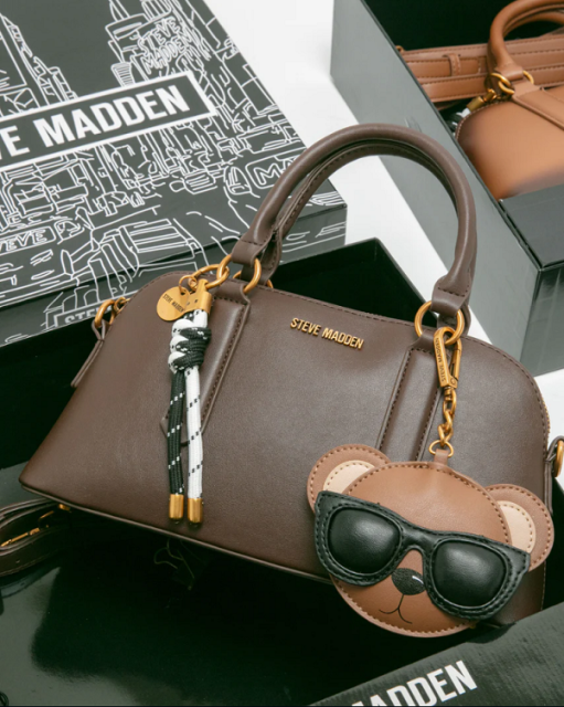 (西門)【送禮聚餐】STEVE MADDEN潮流小熊雙吊飾/素面兩用包禮盒咖啡色