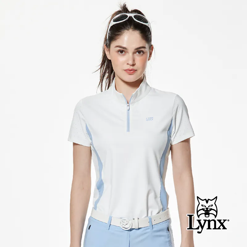 【Lynx】合身版剪接洞洞沖孔布脇邊配色立領POLO衫-白色,L