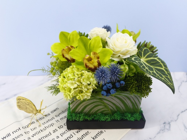 【A4 4F榆果傢飾】 現代風格方型香氛桌花系列-綠東亞蘭款