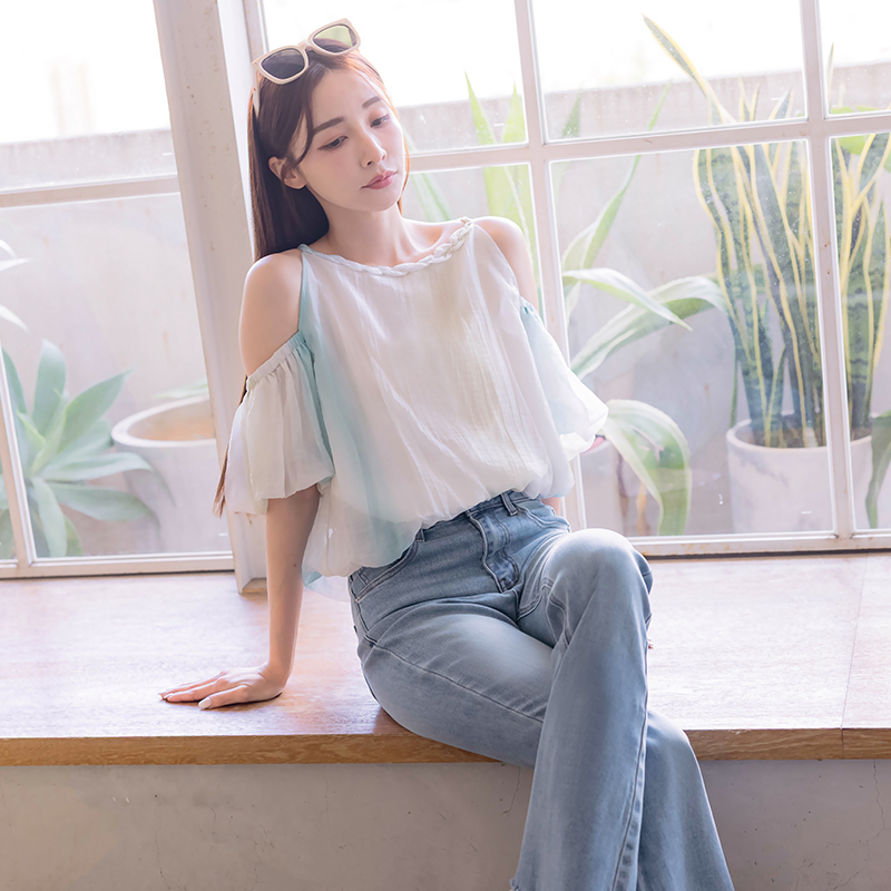 【HOME SHOP】渡假澎袖挖肩上衣 藍色-L