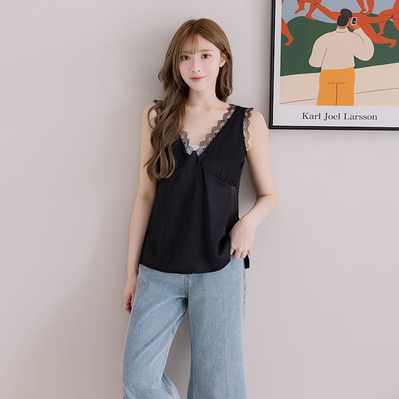 【HOME SHOP】緞面蕾絲造型背心-黑色